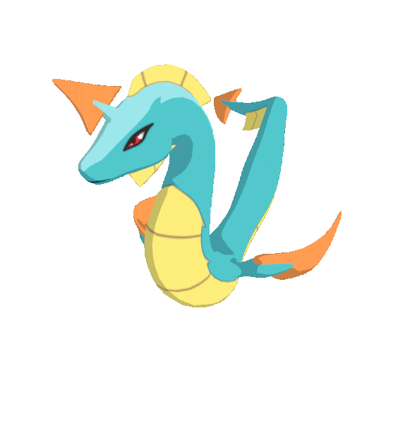 A gif of Nessla, a teal eel-like Temtem with three orange fins and a horn on the top of its head. It is flapping its forefins and waving its tail as if to stay afloat in the sea.