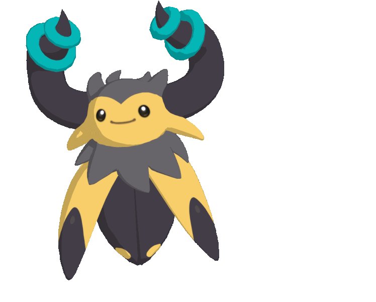 A gif of Gazuma, a yellow bug-like Temtem with curving horns on its head. It is swaying to and fro while the wings on the bottom of its body beat rapidly.