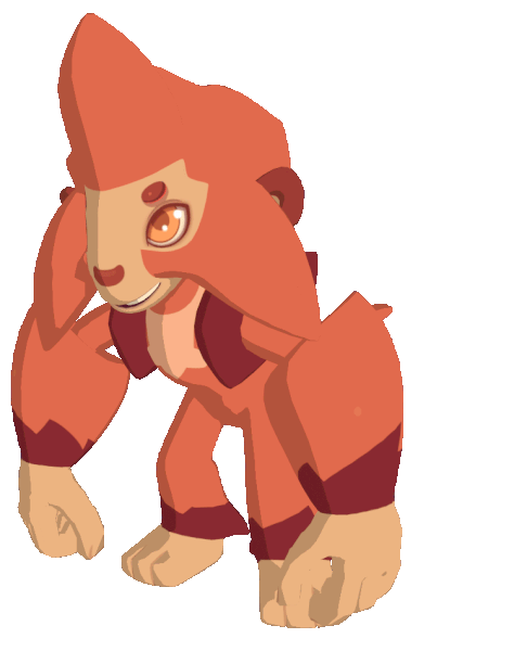 A gif of Baboong, an orange monkey-like Temtem with fluffy cheeks and arms. It is swaying gently back and forth while its tail flicks behind it.